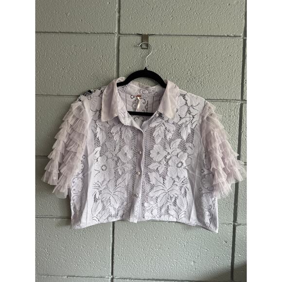 Women's Free People Madonna Cropped Lace Blouse Ruffle Sleeves Top size M Fairy - Picture 2 of 5